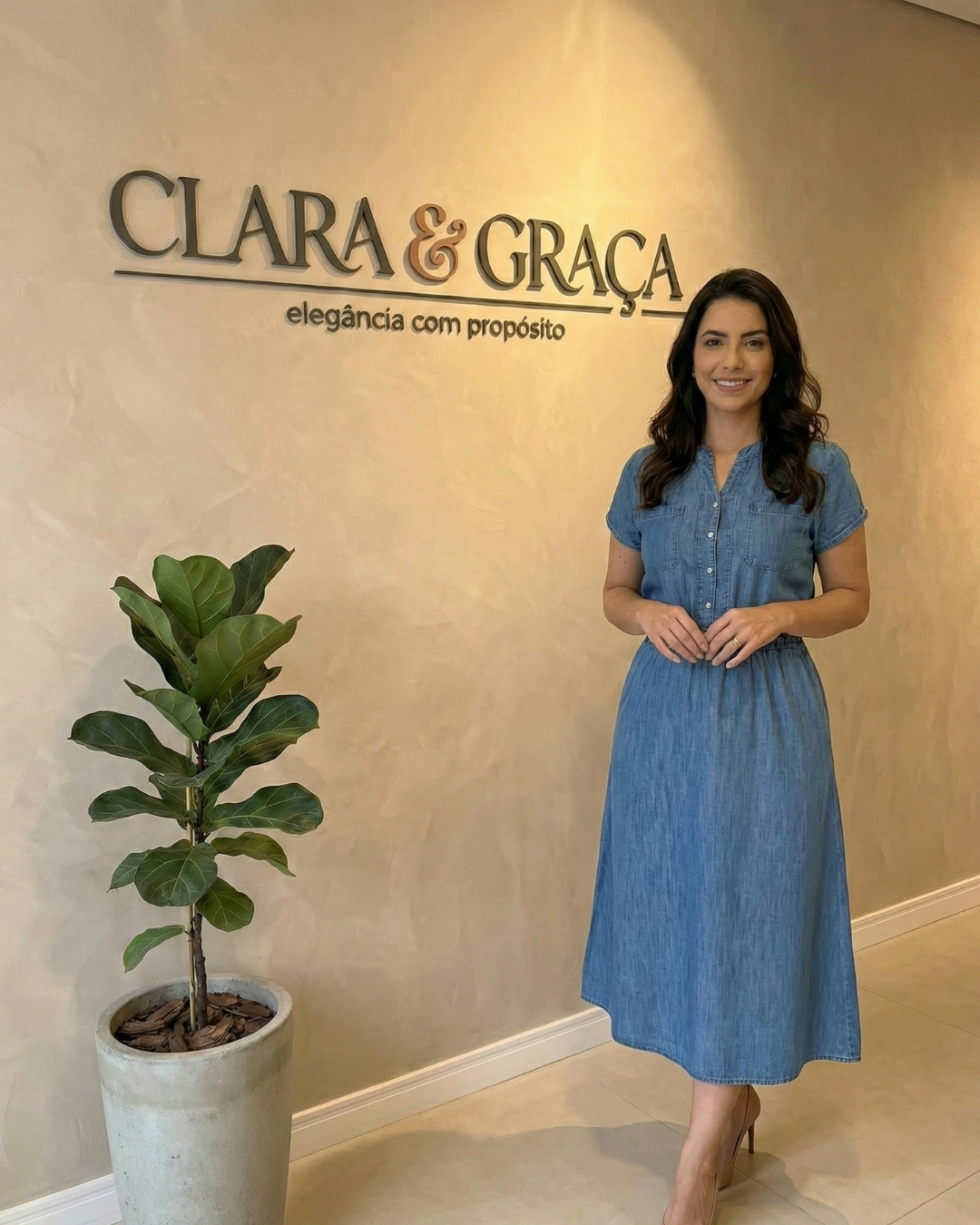 Vestido Midi Jeans Manga Curta com Bolsos