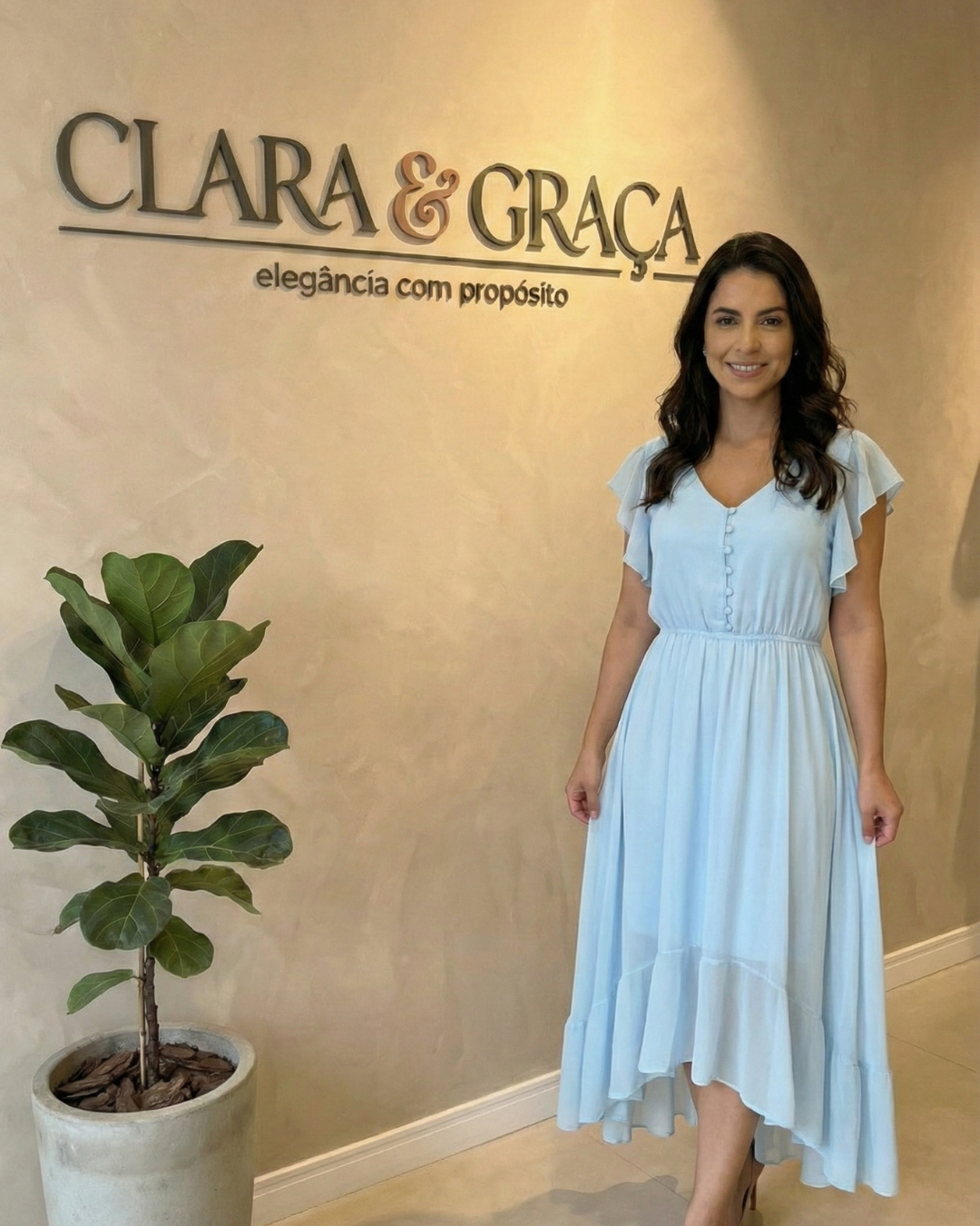 Vestido Longo Azul Claro Assimétrico em Chiffon