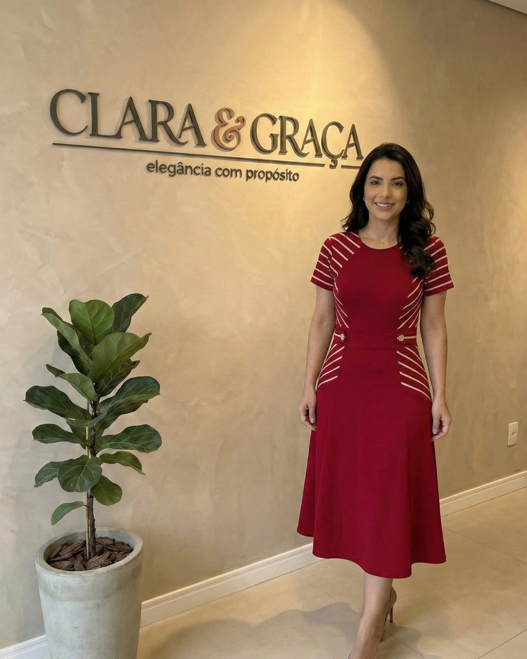 Vestido Midi Rosa Godê com Listras