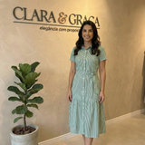 Vestido Midi Listrado Verde e Branco com Cinto