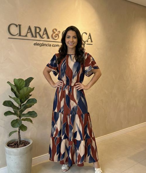 Conjunto Longo Estampado Geométrico Terracota e Azul