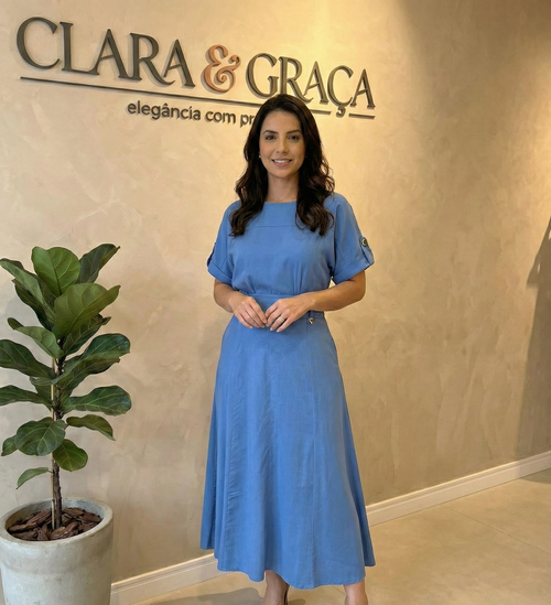 Conjunto Longo Azul em Linho Blusa e Saia