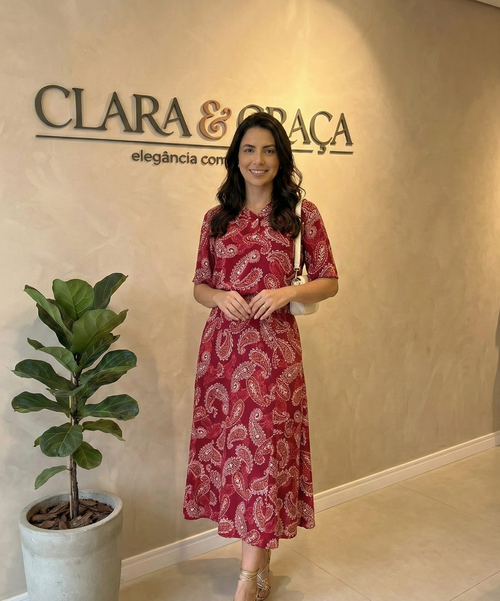 Conjunto Midi Vermelho Estampado Blusa e Saia