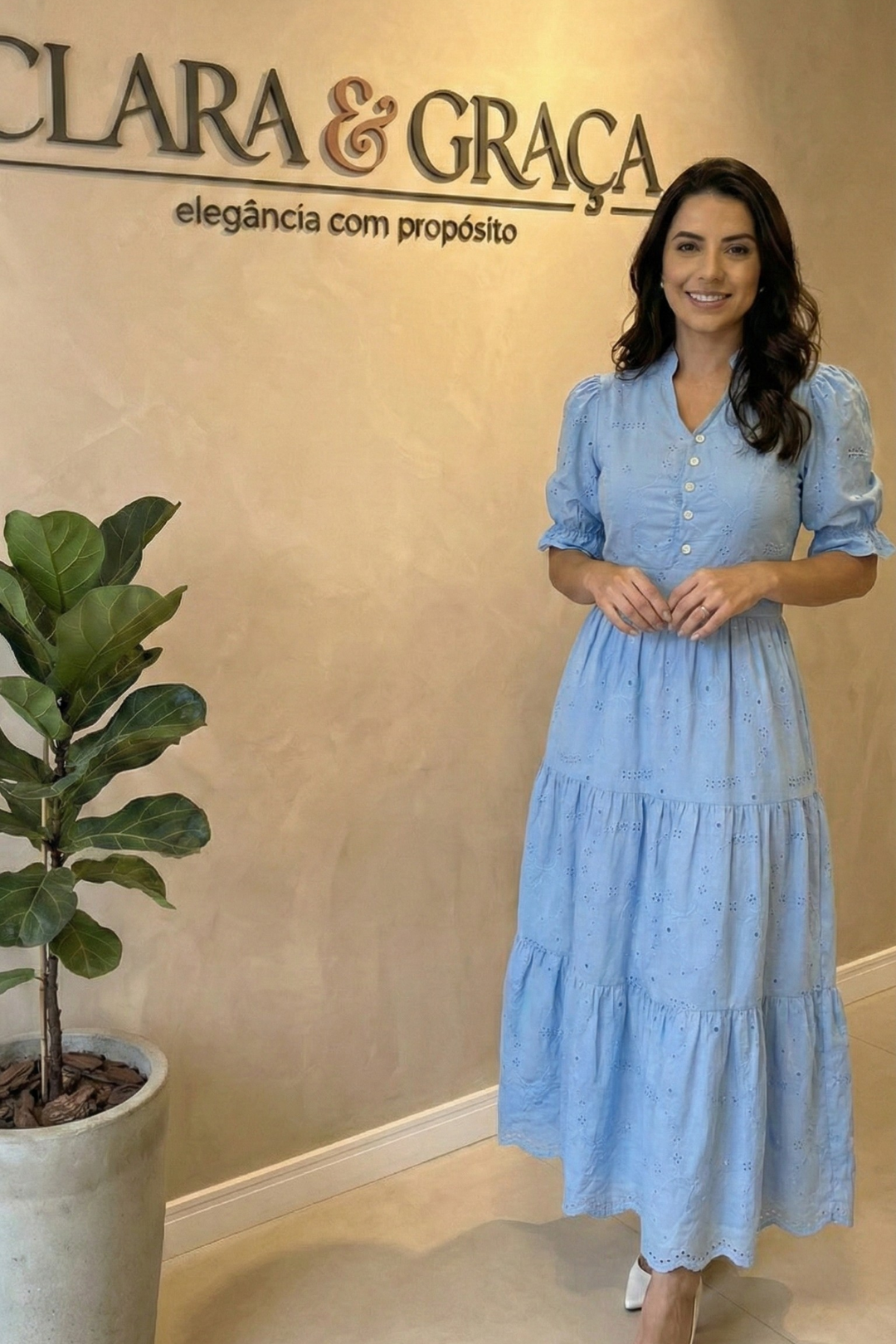 Vestido Longo Azul Lese Manga Bufante