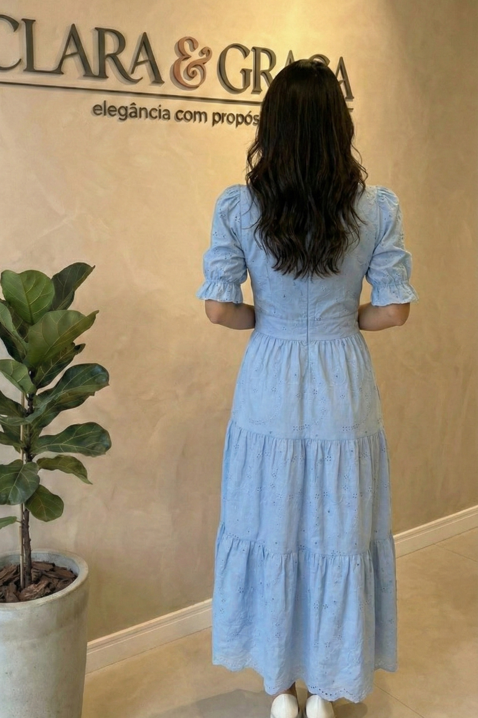 Vestido Longo Azul Lese Manga Bufante