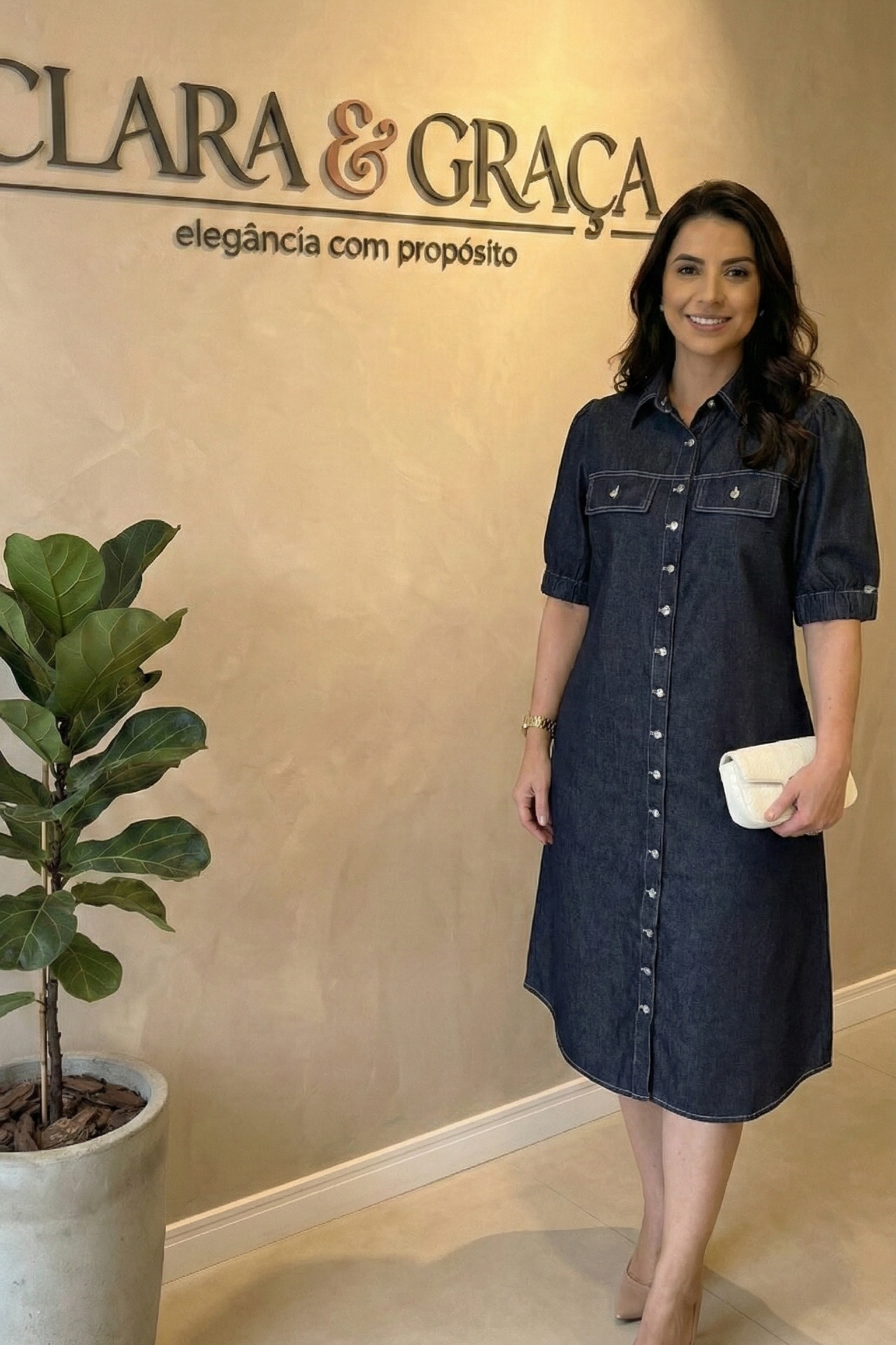 Vestido Chemise Midi Jeans com Bolsos